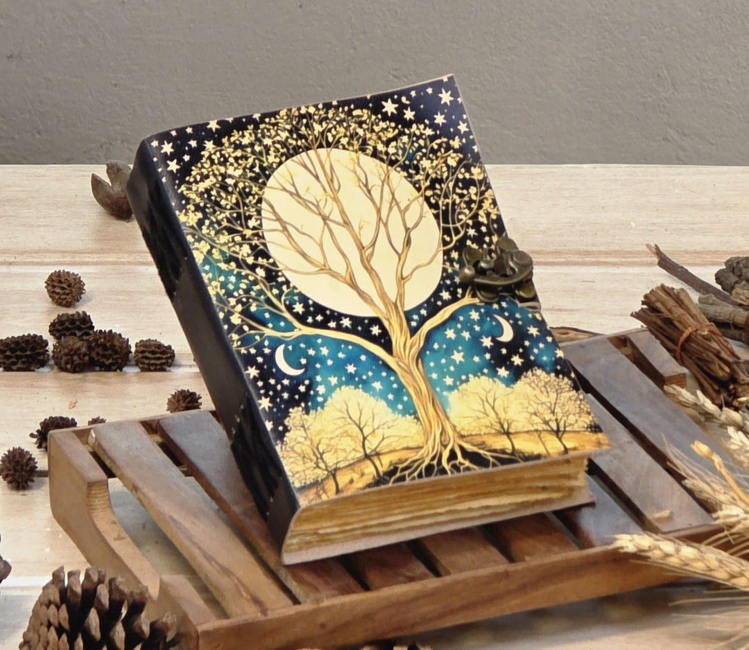Tree of Life 400 Page Large Grimoire Leather Journal, Blank Spell Book ...