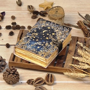 Puede incluir: Un diario de estilo vintage con una cubierta de dise&ntilde;o celestial que presenta una luna creciente y estrellas. El diario abierto revela p&aacute;ginas de papel envejecido. Descansa sobre una bandeja de madera, rodeado de pi&ntilde;as y trigo seco.