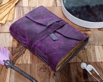 Handmade Purple Leather Journal: Vintage Deckle Edge Paper Notebook