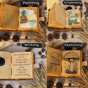 Puede incluir: Se muestran cuatro diarios abiertos con papel envejecido, cada uno representando una artesan&iacute;a diferente: pintura, scrapbooking, escritura y bocetos. El diario de pintura presenta una escena de playa, mientras que el diario de escritura tiene una cita. La palabra "Handicrafttown" es visible.