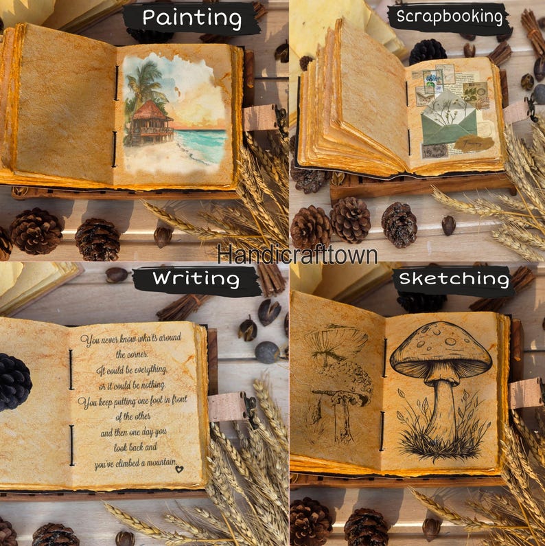 Puede incluir: Se muestran cuatro diarios abiertos con papel envejecido, cada uno representando una artesan&iacute;a diferente: pintura, scrapbooking, escritura y bocetos. El diario de pintura presenta una escena de playa, mientras que el diario de escritura tiene una cita. La palabra "Handicrafttown" es visible.