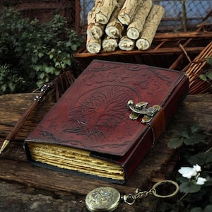 200 Seiten großes Grimoire Leder Journal, Print Baum des Lebens Journal, Blank Zauberbuch Buch der Schatten Leder Himmlische Geschenke für Ihn Sie