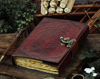 Large Leather Grimoire Journal: Embossed Tree of Life, Blank Book of Shadows