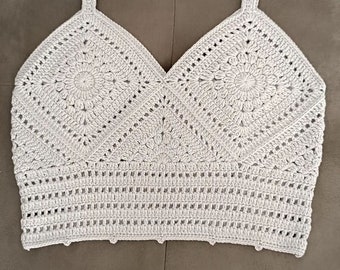 Pastel Gray Crochet Crop Top, Hand Knitted Square Motif Bustier, Crochet Classic Bralette, Festival Crop Top, Strappy hand knitted bustier