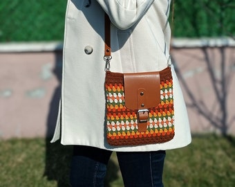 Colorful Hand Knitted Mini Bag, Crochet Mini Bag, Phone Bag, Crossbody Bag, Brown Crocheted Granny Square Mini Bag