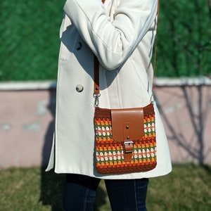 Colorful Hand Knitted Mini Bag, Crochet Mini Bag, Phone Bag, Crossbody Bag, Brown Crocheted Granny Square Mini Bag zdjęcie 1