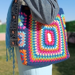 Navy Blue Handmade Crochet Bag,Boho Bag,Shoulder Bag, Granny Square Bag,Gift For Her,Crochet Knitting Bag,Knit Tote Bag zdjęcie 3