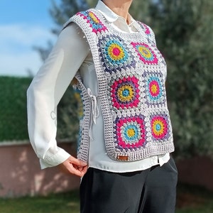 Granny Square Crochet Sweater Vest: Sleeveless Cotton Blend Blouse