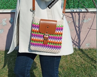 Colorful Hand Knitted Mini Bag, Crochet Mini Bag, Phone Bag, Crossbody Bag, Beige Crocheted Granny Square Mini Bag
