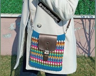 Colorful Hand Knitted Mini Bag, Crochet Mini Bag, Phone Bag, Crossbody Bag, Green Crocheted Granny Square Mini Bag