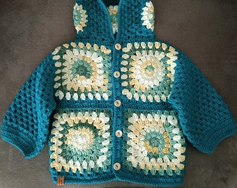 Hand Crocheted Hooded Cardigan for Kids & Babies, Granny Square Knitted Sweater for Children, Crochet Baby Clothes, Baby Winter Cardigan