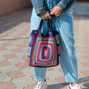 Navy Blue Handmade Crochet Bag,Boho Bag,Shoulder Bag, Granny Square Bag,Gift For Her,Crochet Knitting Bag,Knit Tote Bag zdjęcie 2