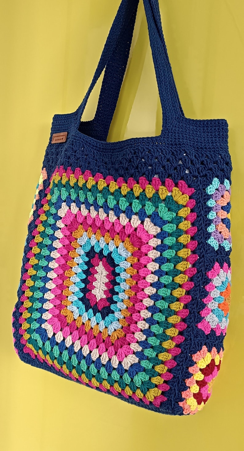 Navy Blue Handmade Crochet Bag,Boho Bag,Shoulder Bag, Granny Square Bag,Gift For Her,Crochet Knitting Bag,Knit Tote Bag zdjęcie 4