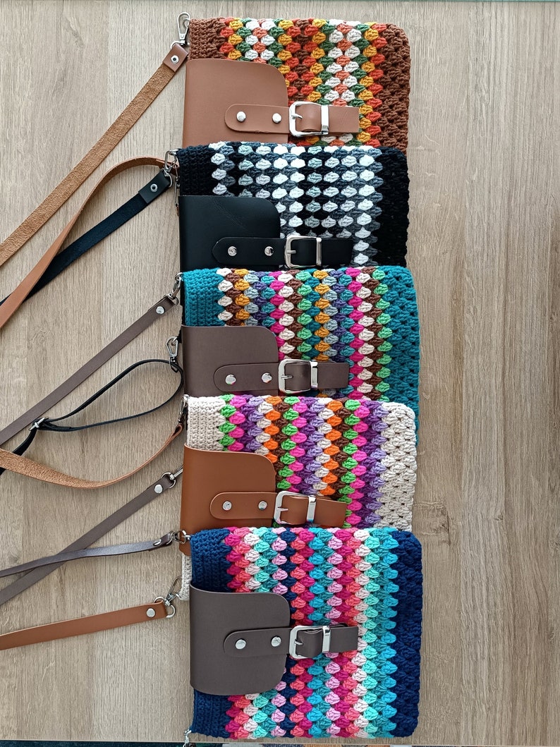 Colorful Hand Knitted Mini Bag, Crochet Mini Bag, Phone Bag, Crossbody Bag, Brown Crocheted Granny Square Mini Bag zdjęcie 3