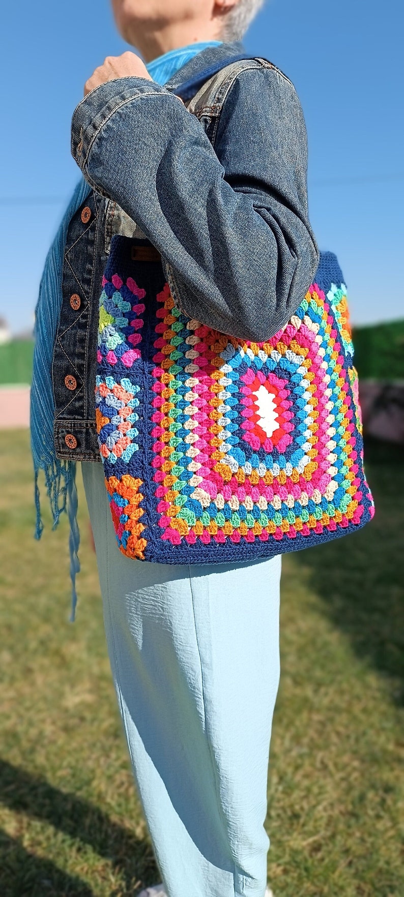 Navy Blue Handmade Crochet Bag,Boho Bag,Shoulder Bag, Granny Square Bag,Gift For Her,Crochet Knitting Bag,Knit Tote Bag zdjęcie 3