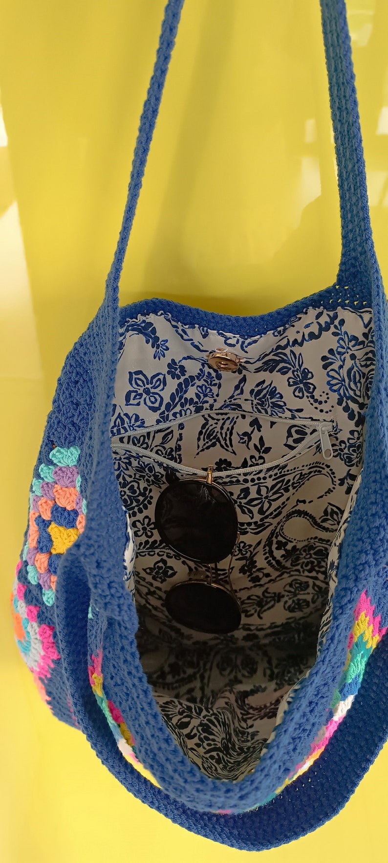 Navy Blue Handmade Crochet Bag,Boho Bag,Shoulder Bag, Granny Square Bag,Gift For Her,Crochet Knitting Bag,Knit Tote Bag zdjęcie 6