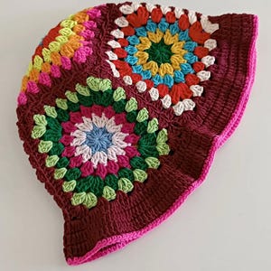 Red Crochet Granny Square Bucket Hat: Cotton Blend, Handmade