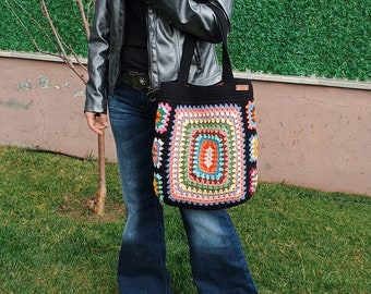Black Handmade Crochet Bag,Boho Bag,Shoulder Bag, Granny Square Bag,Gift For Her,Crochet Knitting Bag,Knit Tote Bag