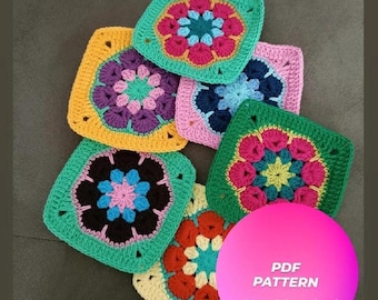 May include: A collection of colorful, crocheted African Flower Squares in various colors, including teal, yellow, pink, and green. The squares feature a floral design in the center. The text "African Flower Square" is at the top. A pink circle with "PDF PATTERN Digital Download" is in the image.