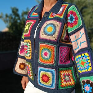 Handmade Colorful Granny Square Crochet Cardigan, Boho Festival Jacket, Unique Crochet Cardigan, Boho Crochet Jacket, Patchwork Cardigan