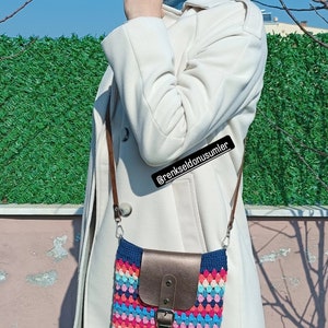 Colorful Hand Knitted Mini Bag, Crochet Mini Bag, Phone Bag, Crossbody Bag, Brown Crocheted Granny Square Mini Bag zdjęcie 9