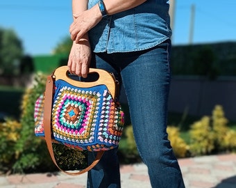 Handmade Bag with Magnet Lock,Vintage Crochet Bag,grannysquare Motif Bag,All Day Toiletry Bag in Boho Style,Blue Knit Bag