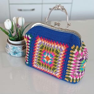 Blue Crochet Kiss Lock Bag: Granny Square Clutch, Metal Frame