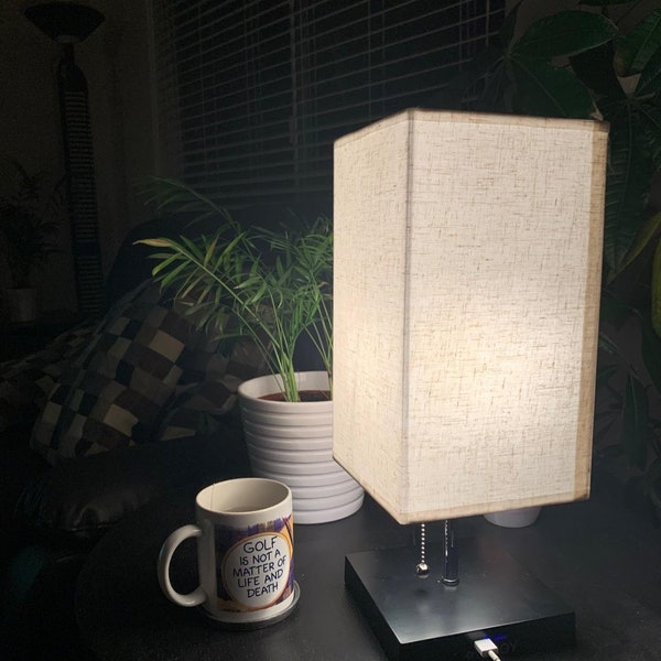 Bedside Table Lamp, Nightstand Lamp with 2 USB Charging Ports, Modern Desk Lamp with Pull Chain, Unique Fabric Shade and Black Charger Base