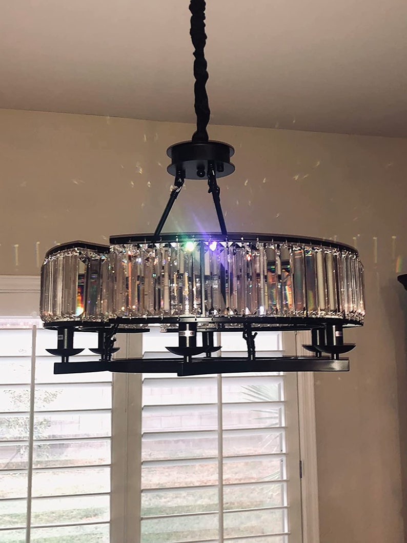 Round Crystal Chandelier Black Industrial Dining Room Light Etsy