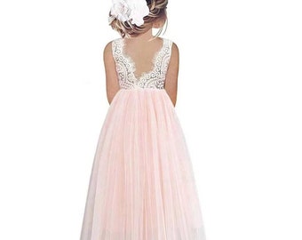 Lace and tulle flowers girl dress, long length, sleeveless for many occasions or photo shoot