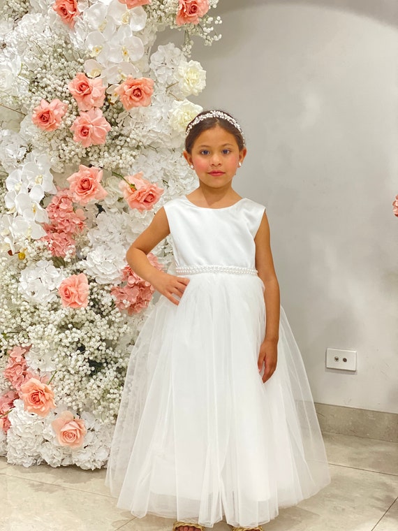 Elegant Full Length White Flower Girl Dress With Big Bow and Pearl