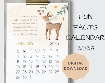 Printable Calendar 2023, Cute Desk Calendar Printable, Montessori Calendar for Kids, Fun Facts Calendar Cards, Fun Facts for Kids