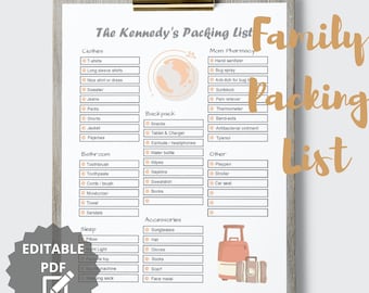 Op de afbeelding: Een printbare paklijst voor een gezinsreis. De lijst is onderverdeeld in categorieën zoals kleding, rugzak, badkamer, slaap, accessoires en mama's apotheek. De lijst is bewerkbaar en bevat een checklist voor elk item. De lijst is ontworpen om gezinnen te helpen in te pakken voor een reis en ervoor te zorgen dat ze alles hebben wat ze nodig hebben.