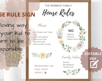 Editable House Rules For Kids, House Rule Wall Art, Family Rule Wall Art, Home Rules Printable, Kids Behavior Chart Printable