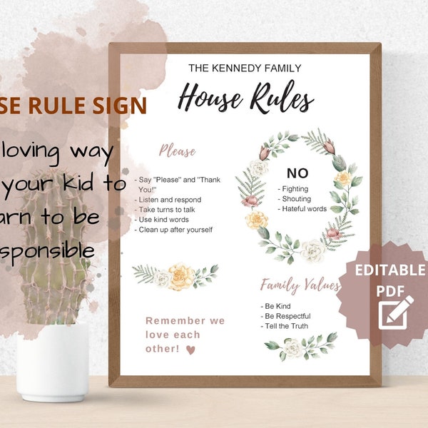 Editable House Rules For Kids, House Rule Wall Art, Family Rule Wall Art, Home Rules Printable, Kids Behavior Chart Printable