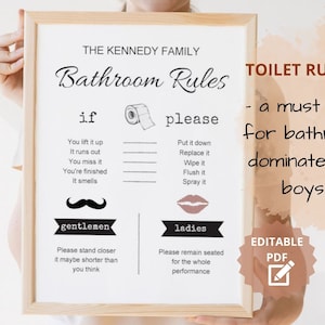 Placas de banheiro editáveis para impressão, decoração de banheiro infantil, decoração de banheiro de hóspedes, placas de banheiro engraçadas, arte de parede com regras da casa, PDF em tamanho carta