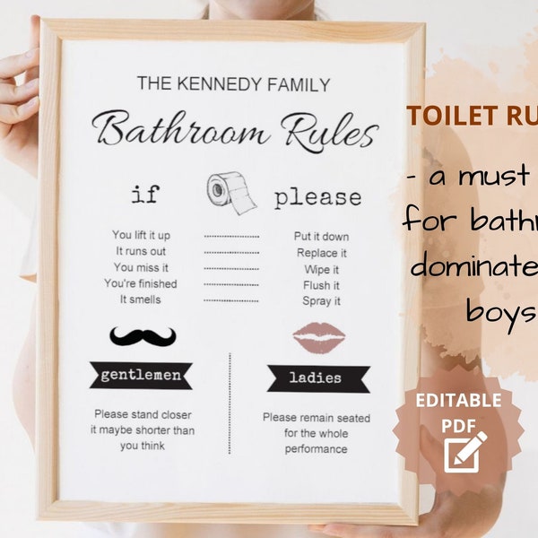 Editable Bathroom Signs Printable, Kids Bathroom Decor, Guest Bathroom Decor, Funny Bathroom Signs, House Rule Wall Art, Letter Size PDF