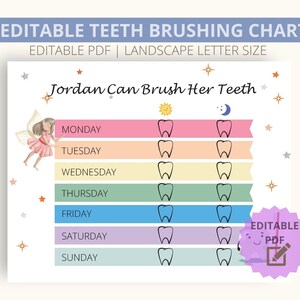 Gráfico editable de cepillado de dientes para niños, gráfico personalizado de cepillado de dientes imprimible, lista de verificación de rutina para niños, lista de verificación de cepillado de dientes semanal