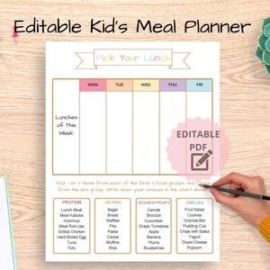 Editable Kids Lunch Meal Planner, Kids Lunch Box Printable, School Lunch Planner, Weekly Meal Planner, Kids Lunch Ideas, Lunch Menu