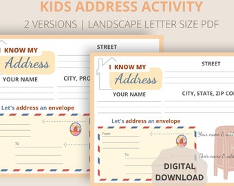 May include: Two printable worksheets for kids to practice writing their address. The worksheets feature a cartoon envelope and mailbox. The text on the worksheets reads "I Know My Address".