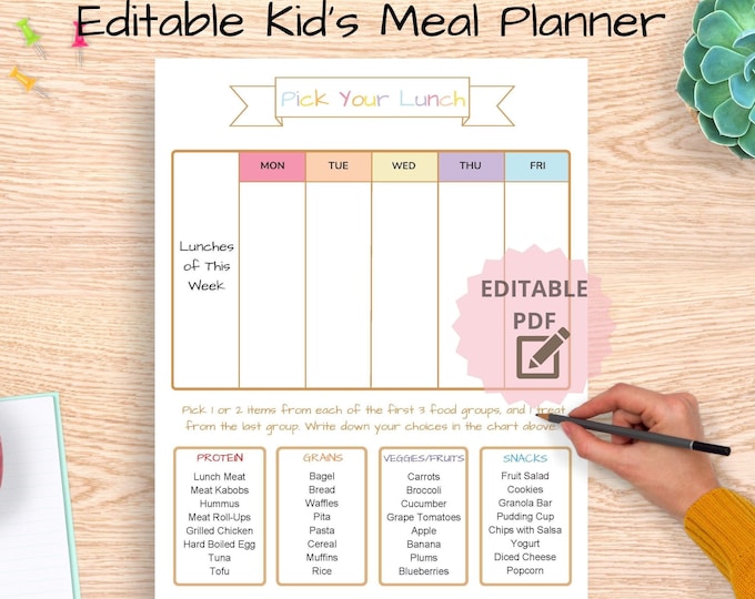 Kids Meal Planner | Kids Lunch Ideas Printable | School Lunch Meal ...