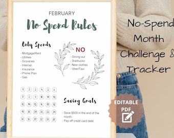 Editable No Spend Tracker, Savings Challenge, No Spend Challenge, Printable Wall Art, US Letter PDF