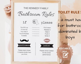 Editable Bathroom Signs Printable, Kids Bathroom Decor, Guest Bathroom Decor, Funny Bathroom Signs, House Rule Wall Art, Letter Size PDF