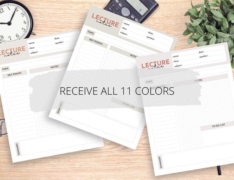 May include: Three printable lecture note templates with the text "LECTURE notes" at the top of each page. The templates include sections for topic, key points, notes, summary, and to-do list. The text "RECEIVE ALL 11 COLORS" is displayed in the centre of the image.
