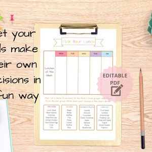 May include: A printable lunch planner with a colorful design. The planner is titled "Pick Your Lunch" and includes a weekly calendar with days of the week, Monday through Friday. The planner also includes a list of food options for each meal category: protein, grains, vegetables/fruits, and snacks.