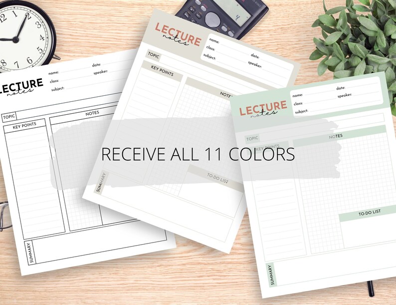 May include: Three printable lecture note templates with the text "LECTURE notes" at the top. The templates are in different colours: beige, light green, and white. Each template has sections for topic, key points, notes, summary, and to-do list. The text "RECEIVE ALL 11 COLORS" is in the centre of the image.