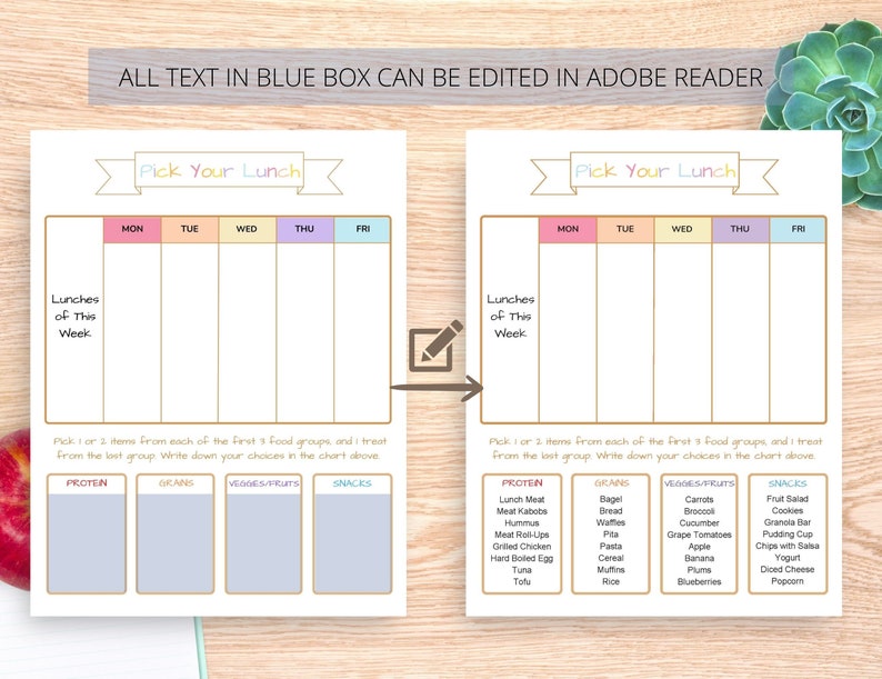 May include: A printable lunch planner with a pink, yellow, and blue color scheme. The planner has a section for each day of the week, Monday through Friday, and a section for listing lunch options for the week. The planner includes a list of food groups to choose from, including protein, grains, vegetables/fruits, and snacks.