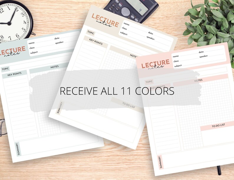 May include: Three printable lecture note templates with different coloured backgrounds. The templates include sections for the topic, key points, notes, summary, and a to-do list. The text "RECEIVE ALL 11 COLORS" is displayed in the centre of the image.