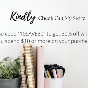 May include: A white wall with text that reads "Kindly Check Out My Store" and "Use code "10SAVE30" to get 30% off when you spend &pound;10 or more on your purchase". There are three notebooks with gold spiral bindings and a pink notebook on a white surface. A white cup with black and silver pens is on the surface. A green plant is in a gray pot on the surface.
