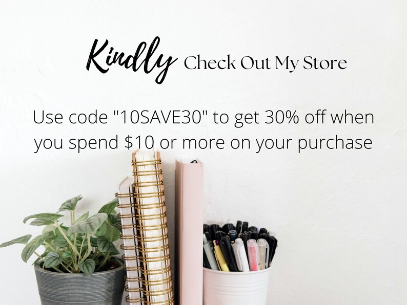 May include: A white wall with text that reads "Kindly Check Out My Store" and "Use code "10SAVE30" to get 30% off when you spend &pound;10 or more on your purchase". There are three notebooks with gold spiral bindings and a pink notebook on a white surface. A white cup with black and silver pens is on the surface. A green plant is in a gray pot on the surface.